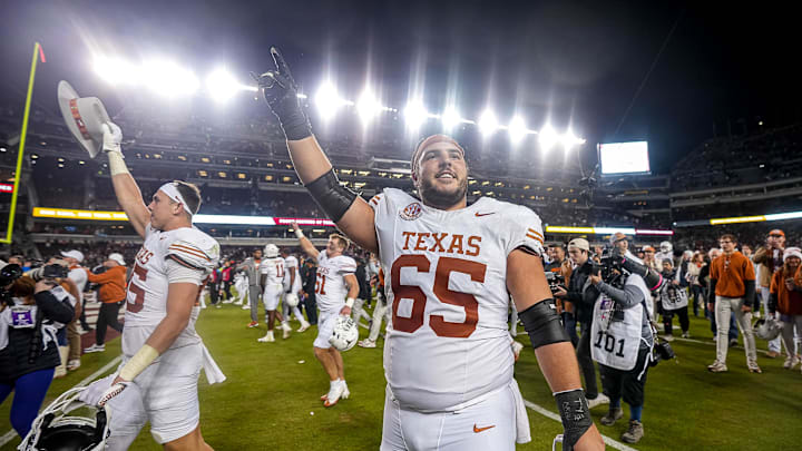 Nov 30, 2024; College Station, Texas, USA; Texas Longhorns offensive lineman Jake Majors (85) celebrates the 17-7 win over Texas A&M in the Lone Star Showdown at Kyle Field. Mandatory Credit: Sara Diggins/USA TODAY Network via Imagn Images