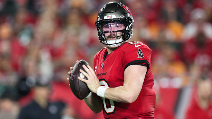 Jan 15, 2024; Tampa, Florida, USA; Tampa Bay Buccaneers quarterback Baker Mayfield (6) looks for a