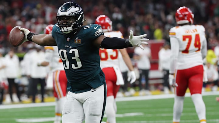 Feb 9, 2025; New Orleans, LA, USA; Philadelphia Eagles defensive tackle Milton Williams (93) celebrates after recovering a fumble against the Kansas City Chiefs in the fourth quarter during Super Bowl LIX at Caesars Superdome. Mandatory Credit: Geoff Burke-Imagn Images