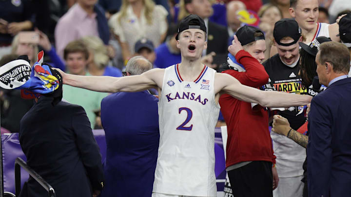 Apr 4, 2022; New Orleans, LA, USA; Kansas Jayhawks guard Christian Braun (2) reacts after defeating the North Carolina Tar Heels during the 2022 NCAA National Championship game.