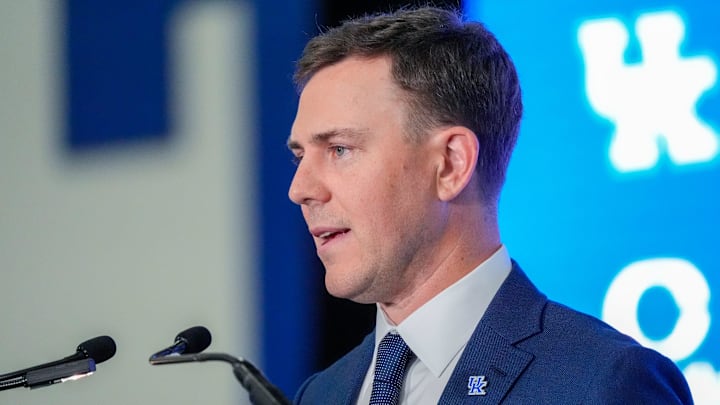 New Kentucky Wildcat head coach Will Stein makes remarks as he is introduced at Kentucky on Wednesday, December 3, 2025