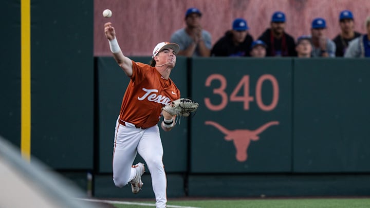 Texas outfielder Easton Winfield (9) throws infield during the Longhorns' game against Houston Christian, April 8, 2025 at UFCU Disch-Falk Field in Austin.