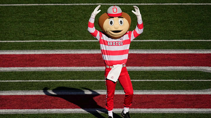 Ohio State Buckeyes mascot Brutus leads the marching band onto the field prior to the NCAA football game against the Michigan Wolverines at Ohio Stadium in Columbus on Tuesday, Dec. 3, 2024.
