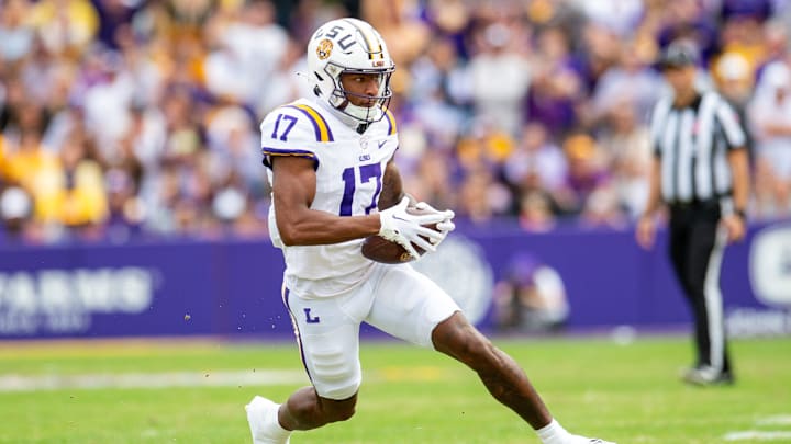 Chris Hilton Jr 17 runs the ball as the LSU Tigers take on Texas A&M in Tiger Stadium in Baton Rouge, Louisiana, November 25, 2023.