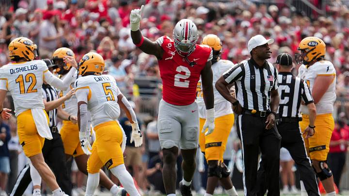 Ohio State Buckeyes defensive end Kenyatta Jackson Jr. (2) celebrates during the NCAA football game against the Kent State Golden Flashes at Ohio Stadium in Columbus on Sept. 19, 2026. Ohio State Buckeyes defensive end Kenyatta Jackson Jr. (2) celebrates during the NCAA football game against the Kent State Golden Flashes at Ohio Stadium in Columbus on Sept. 19, 2026.