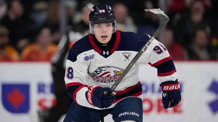 ST CATHARINES, CANADA - MARCH 5: Nikita Klepov #98 of the Saginaw Spirit skates against the Niagara IceDogs during overtime out at Meridian Centre on March 5, 2026 in St Catharines, Canada. ST CATHARINES, CANADA - MARCH 5: Nikita Klepov #98 of the Saginaw Spirit skates against the Niagara IceDogs during overtime out at Meridian Centre on March 5, 2026 in St Catharines, Canada.