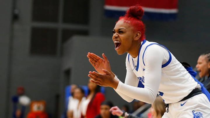Memphis' Shelbee Brown (3) cheers on her teammates during the WNIT first round game between Memphis and Jackson State in the Elma Roane Field House at the University of Memphis in Memphis, Tenn., on March 16, 2023.