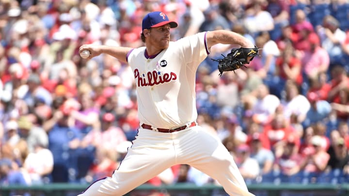 May 10, 2015; Philadelphia, PA, USA; Philadelphia Phillies starting pitcher Chad Billingsley (38) throws the ball during first inning against the New York Mets at Citizens Bank Park. Mandatory Credit: Eric Hartline-Imagn Images