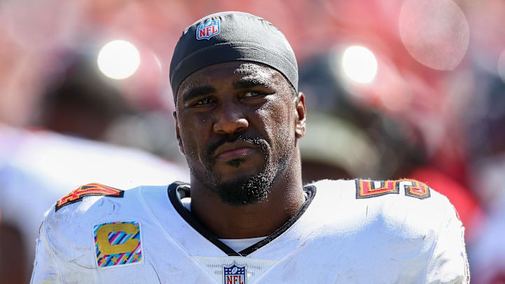 Sep 29, 2024; Tampa, Florida, USA; Tampa Bay Buccaneers linebacker Lavonte David (54) looks on against the Philadelphia Eagles in the third quarter at Raymond James Stadium. Mandatory Credit: Nathan Ray Seebeck-Imagn Images