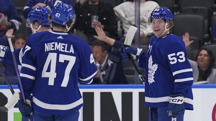 Sep 25, 2023; Toronto, Ontario, CAN; Toronto Maple Leafs forward Easton Cowan (53) reacts after scoring against the Ottawa Senators during the first period at Scotiabank Arena. Mandatory Credit: John E. Sokolowski-Imagn Images