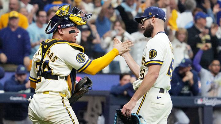 Oct 24, 2026; Milwaukee, Wisconsin, USA; Milwaukee Brewers pitcher Aaron Ashby (26) and catcher William Contreras (24) celebrate after defeating the Tampa Bay Rays in game two of the 2026 World Series at American Family Field. Mandatory Credit: Michael McLoone-Imagn Images Oct 24, 2026; Milwaukee, Wisconsin, USA; Milwaukee Brewers pitcher Aaron Ashby (26) and catcher William Contreras (24) celebrate after defeating the Tampa Bay Rays in game two of the 2026 World Series at American Family Field. Mandatory Credit: Michael McLoone-Imagn Images