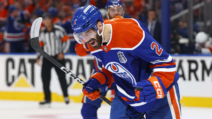 Jun 6, 2025; Edmonton, Alberta, CAN; Edmonton Oilers defenseman Evan Bouchard (2) reacts after scoring a goal against the Florida Panthers during the first period in game two of the 2025 Stanley Cup Final at Rogers Place. Mandatory Credit: Perry Nelson-Imagn Images