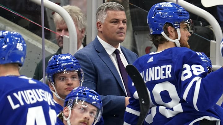 Mar 4, 2024; Toronto, Ontario, CAN; Toronto Maple Leafs head coach Sheldon Keefe leads the way