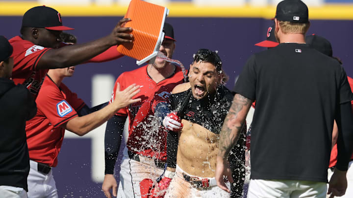 Sep 19, 2024; Cleveland, Ohio, USA; Cleveland Guardians second baseman Andres Gimenez (0) is doused by Cleveland Guardians right fielder Jhonkensy Noel, left, after getting the game-winning hit during the tenth inning against the Minnesota Twins at Progressive Field. With the win the Guardians clinched a playoff berth. Mandatory Credit: Ken Blaze-Imagn Images Sep 19, 2024; Cleveland, Ohio, USA; Cleveland Guardians second baseman Andres Gimenez (0) is doused by Cleveland Guardians right fielder Jhonkensy Noel, left, after getting the game-winning hit during the tenth inning against the Minnesota Twins at Progressive Field. With the win the Guardians clinched a playoff berth. Mandatory Credit: Ken Blaze-Imagn Images