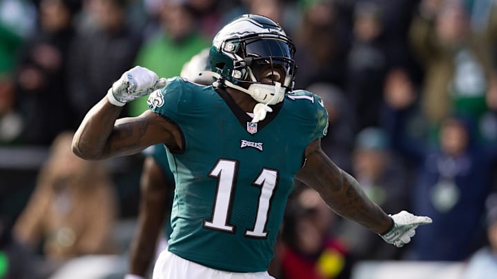 Dec 4, 2022; Philadelphia, Pennsylvania, USA; Philadelphia Eagles wide receiver A.J. Brown (11) reacts after his touchdown catch against the Tennessee Titans during the second quarter at Lincoln Financial Field. Mandatory Credit: Bill Streicher-Imagn Images Dec 4, 2022; Philadelphia, Pennsylvania, USA; Philadelphia Eagles wide receiver A.J. Brown (11) reacts after his touchdown catch against the Tennessee Titans during the second quarter at Lincoln Financial Field. Mandatory Credit: Bill Streicher-Imagn Images
