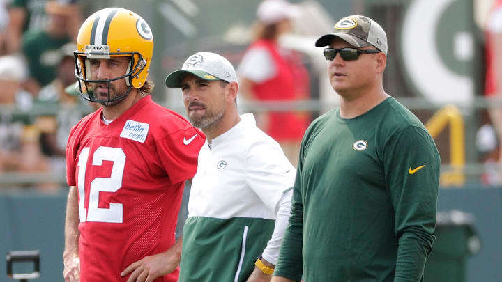 Green Bay Packers quarterback Aaron Rodgers, head coach Matt LaFleur and quarterbacks coach Luke Getsy look on during Wednesday's practice.

Nfl Green Bay Packers Training Camp
