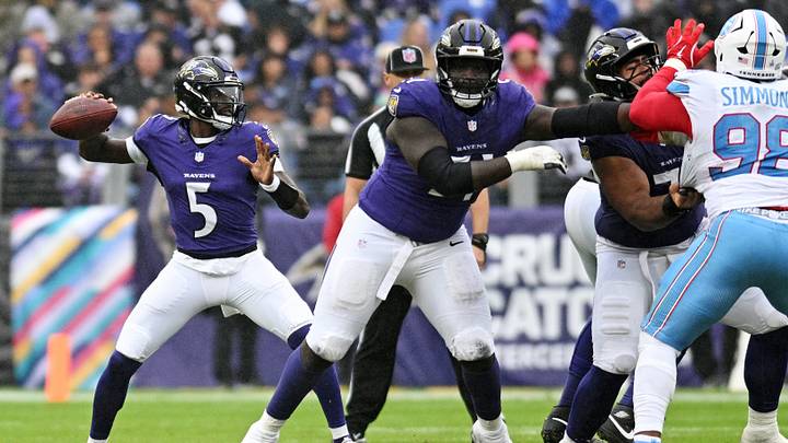 Oct 4, 2026; Baltimore, Maryland, USA; Baltimore Ravens quarterback Tyler Huntley (5) drops back to make a pass during the third quarter against the Tennessee Titans at M&T Bank Stadium.  Mandatory Credit: Tommy Gilligan-Imagn Images
