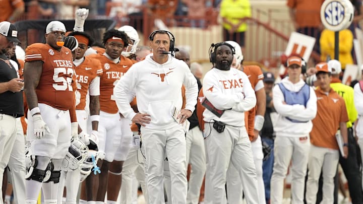 Texas Longhorns head coach Steve Sarkisian observes the second half against the Vanderbilt Commodores at Darrell K Royal-Texas Memorial Stadium. 