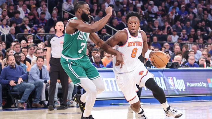 May 10, 2025; New York, New York, USA; New York Knicks forward OG Anunoby (8) drives past Boston Celtics guard Jaylen Brown (7) in the first quarter during game three of the second round for the 2025 NBA Playoffs at Madison Square Garden. Mandatory Credit: Wendell Cruz-Imagn Images May 10, 2025; New York, New York, USA; New York Knicks forward OG Anunoby (8) drives past Boston Celtics guard Jaylen Brown (7) in the first quarter during game three of the second round for the 2025 NBA Playoffs at Madison Square Garden. Mandatory Credit: Wendell Cruz-Imagn Images