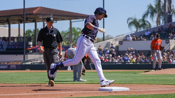 Feb 26, 2023; Lakeland, Florida, USA; Detroit Tigers right fielder Nick Maton (9) rounds third base