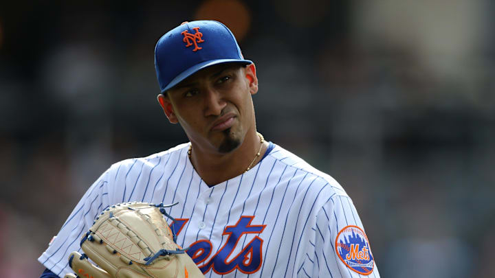 Edwin Diaz, of the Mets, is shown as he heads into the dugout after pitching the ninth inning.  Diaz gave up a two-run home-run during the inning.  The Mets went on to lose, 7-4.  Sunday, August 11, 2019

Mets Vs Nationals