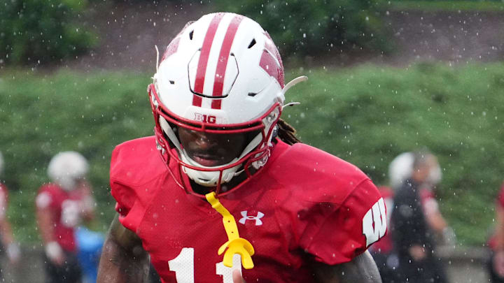 Wisconsin cornerback Omillio Agard (11) runs a drill during football practice Wednesday, July 30, 2025, at Ralph E. Davis Pioneer Stadium in Platteville, Wisconsin.