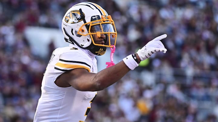 Nov 23, 2024; Starkville, Mississippi, USA; Missouri Tigers wide receiver Luther Burden III (3) reacts after a touchdown against the Mississippi State Bulldogs during the second quarter at Davis Wade Stadium at Scott Field. 