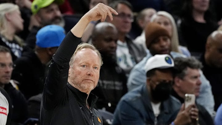Mar 28, 2025; Minneapolis, Minnesota, USA; Phoenix Suns head coach Mike Budenholzer directs his team as they play the Minnesota Timberwolves in the third quarter at Target Center. Mandatory Credit: Bruce Kluckhohn-Imagn Images
