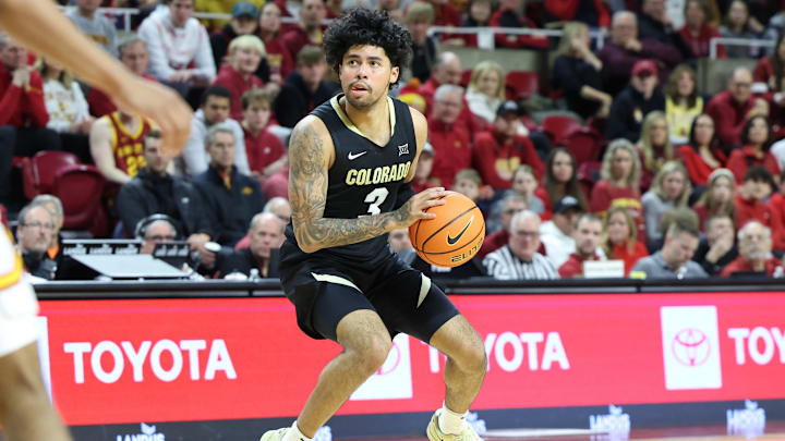 Feb 18, 2025; Ames, Iowa, USA; Colorado Buffaloes guard Julian Hammond III (3) looks to shoot against the Iowa State Cyclones during the second half at James H. Hilton Coliseum. Mandatory Credit: Reese Strickland-Imagn Images