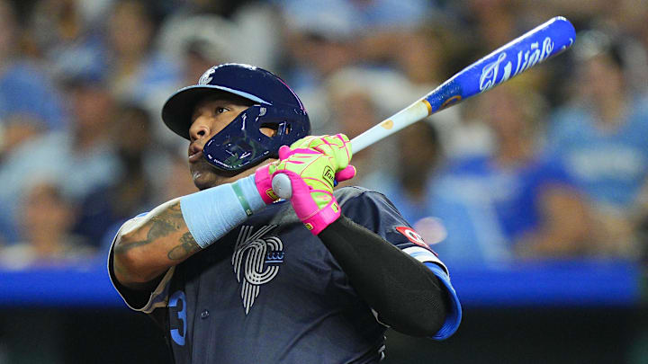 Aug 15, 2025; Kansas City, Missouri, USA; Kansas City Royals catcher Salvador Perez (13) hits a double during the sixth inning against the Chicago White Sox at Kauffman Stadium. Mandatory Credit: Jay Biggerstaff-Imagn Images Aug 15, 2025; Kansas City, Missouri, USA; Kansas City Royals catcher Salvador Perez (13) hits a double during the sixth inning against the Chicago White Sox at Kauffman Stadium. Mandatory Credit: Jay Biggerstaff-Imagn Images