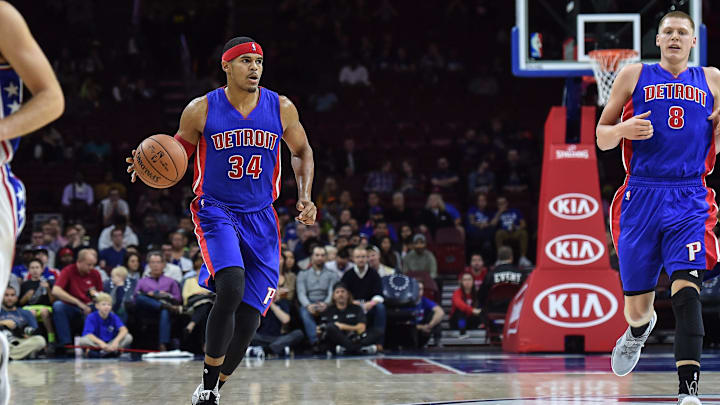 Oct 15, 2016; Philadelphia, PA, USA; Detroit Pistons forward Tobias Harris (34) moves the ball upcourt during the preseason game against the Philadelphia 76ers at the Wells Fargo Center. Mandatory Credit: John Geliebter-Imagn Images