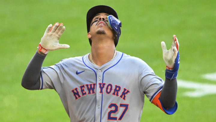 May 21, 2024; Cleveland, Ohio, USA; New York Mets third baseman Mark Vientos (27) celebrates his solo home run in the fifth inning against the Cleveland Guardians at Progressive Field. Mandatory Credit: David Richard-USA TODAY Sports May 21, 2024; Cleveland, Ohio, USA; New York Mets third baseman Mark Vientos (27) celebrates his solo home run in the fifth inning against the Cleveland Guardians at Progressive Field. Mandatory Credit: David Richard-USA TODAY Sports