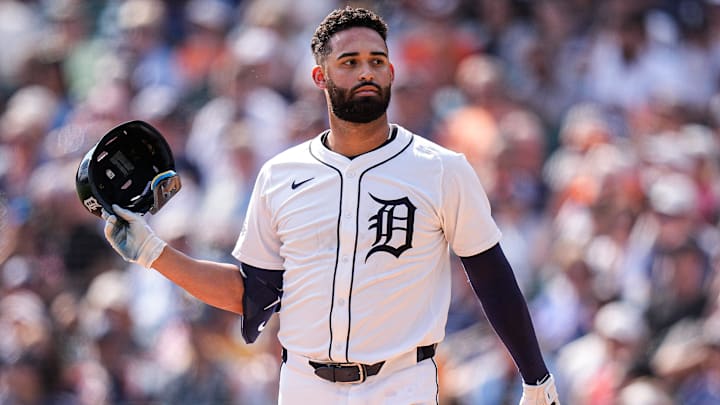 Detroit Tigers left fielder Riley Greene (31) reacts after struck out swinging against Cleveland Guardians during the eighth inning at Comerica Park in Detroit on Thursday, Sept. 18, 2025.