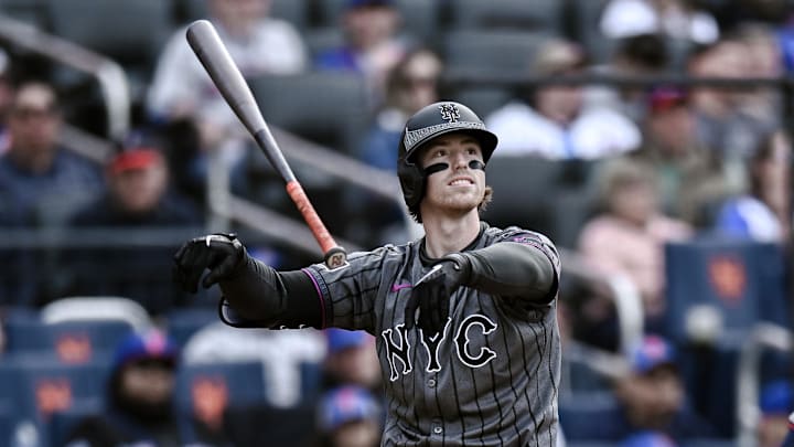 May 11, 2024; New York City, New York, USA; New York Mets third baseman Brett Baty (22) reacts after striking out against the Atlanta Braves during the fifth inning at Citi Field. Mandatory Credit: John Jones-Imagn Images