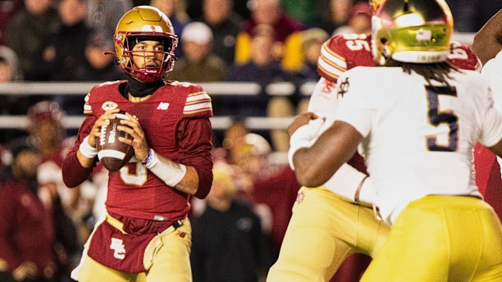 Nov 1, 2025; Chestnut Hill, Massachusetts, USA; Boston College Eagles quarterback Grayson James (3) looks to pass the ball in the fourth quarter against the Notre Dame Fighting Irish at Alumni Stadium. Mandatory Credit: Edward Finan-Imagn Images