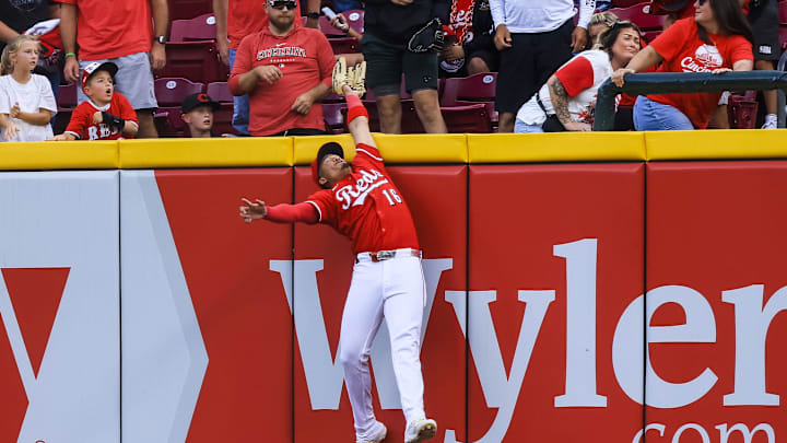 Sep 25, 2025; Cincinnati, Ohio, USA; Cincinnati Reds outfielder Noelvi Marte (16) catches a fly out hit by Pittsburgh Pirates outfielder Bryan Reynolds (not pictured) in the ninth inning at Great American Ball Park. Mandatory Credit: Katie Stratman-Imagn Images