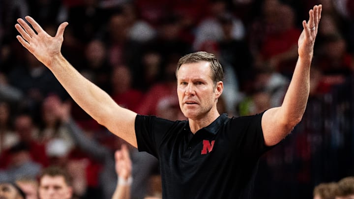 Feb 13, 2025; Lincoln, Nebraska, USA; Nebraska Cornhuskers head coach Fred Hoiberg reacts to a call during the second half against the Maryland Terrapins at Pinnacle Bank Arena. Mandatory Credit: Dylan Widger-Imagn Images