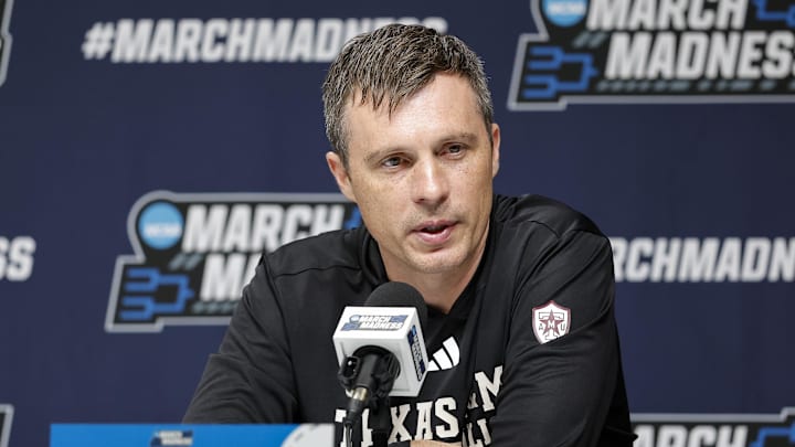 Texas A&M Aggies head coach Bucky McMillan speaks to the media during a press conference ahead of the first round of the men's 2026 NCAA Tournament at Paycom Center. 