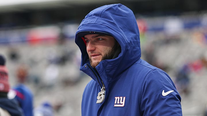 Dec 14, 2025; East Rutherford, New Jersey, USA; New York Giants running back Cam Skattebo (44) on the field before the game against the Washington Commanders at MetLife Stadium.  