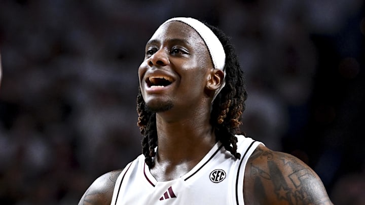 Jan 4, 2025; College Station, Texas, USA; Texas A&M Aggies guard Manny Obaseki (35) reacts during the first half against the Texas Longhorns at Reed Arena. The Aggies defeated the Longhorns 80-60. Mandatory Credit: Maria Lysaker-Imagn Images 