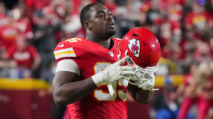 Oct 7, 2024; Kansas City, Missouri, USA; Kansas City Chiefs defensive tackle Chris Jones (95) removes his helmet during a timeout against the New Orleans Saints during the game at GEHA Field at Arrowhead Stadium. Mandatory Credit: Denny Medley-Imagn Images