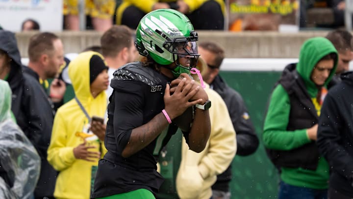 Oregon wide receiver Dakorien Moore warms up as the Oregon Ducks host the Indiana Hoosiers Oct. 11, 2025, at Autzen Stadium in Eugene, Oregon.