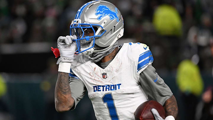 Nov 16, 2025; Philadelphia, Pennsylvania, USA; Detroit Lions wide receiver Jameson Williams (1) reacts after scoring a touchdown against the Philadelphia Eagles during the first half at Lincoln Financial Field. Nov 16, 2025; Philadelphia, Pennsylvania, USA; Detroit Lions wide receiver Jameson Williams (1) reacts after scoring a touchdown against the Philadelphia Eagles during the first half at Lincoln Financial Field.
