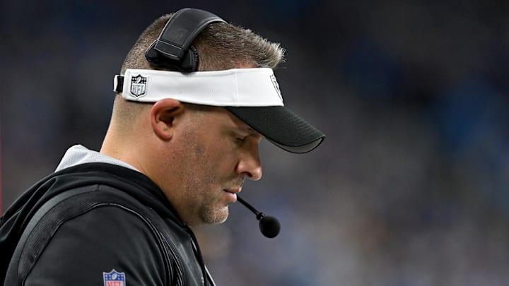 Oct 30, 2023; Detroit, Michigan, USA; Las Vegas Raiders head coach Josh McDaniels checks his play