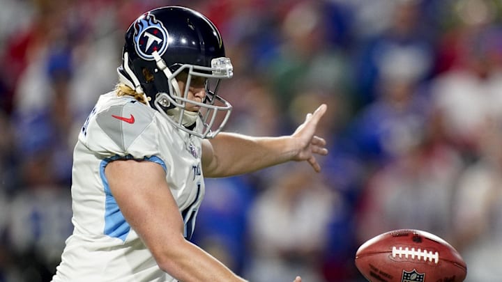Tennessee Titans punter Ryan Stonehouse (4) punt during the second quarter against the Buffalo Bills at Highmark Stadium in a 2022 game. Tennessee Titans punter Ryan Stonehouse (4) punt during the second quarter against the Buffalo Bills at Highmark Stadium in a 2022 game.