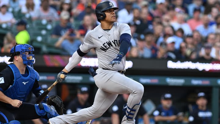 Aug 16, 2024; Detroit, Michigan, USA;  New York Yankees right fielder Juan Soto (22) grounds out to second base against the Detroit Tigers in the third inning at Comerica Park.