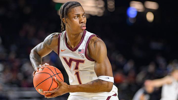 Nov 15, 2024; Baltimore, Maryland, USA; Virginia Tech Hokies forward Toibu Lawal (1) grabs a rebound during the second half against the Penn State Nittany Lions at CFG Bank Arena.