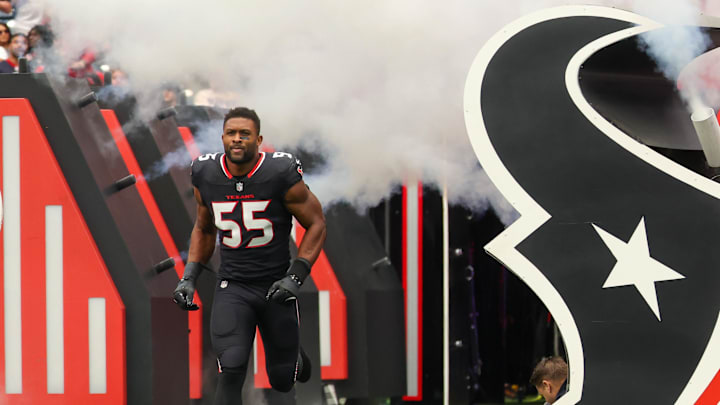Nov 9, 2025; Houston, Texas, USA; Houston Texans defensive end Danielle Hunter (55) is introduced  before playing against the Jacksonville Jaguars at NRG Stadium. Mandatory Credit: Thomas Shea-Imagn Images