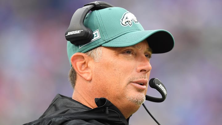 Oct 27, 2019; Orchard Park, NY, USA; Philadelphia Eagles defensive coordinator Jim Schwartz looks on