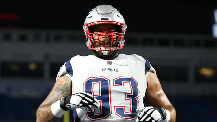 Oct 29, 2018; Orchard Park, NY, USA; New England Patriots defensive tackle Lawrence Guy (93) warms up prior to the game against the Buffalo Bills at New Era Field. Mandatory Credit: Rich Barnes-USA TODAY Sports Oct 29, 2018; Orchard Park, NY, USA; New England Patriots defensive tackle Lawrence Guy (93) warms up prior to the game against the Buffalo Bills at New Era Field. Mandatory Credit: Rich Barnes-USA TODAY Sports
